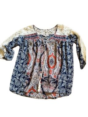 Miss Me Navy Paisley Boho Top Lace Trim Tassel Blouse Women’s Size Medium